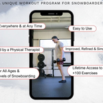 Phone screen showing a workout program for snowboarders with text about the program's features.