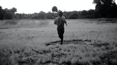 a man running through a field with a kite