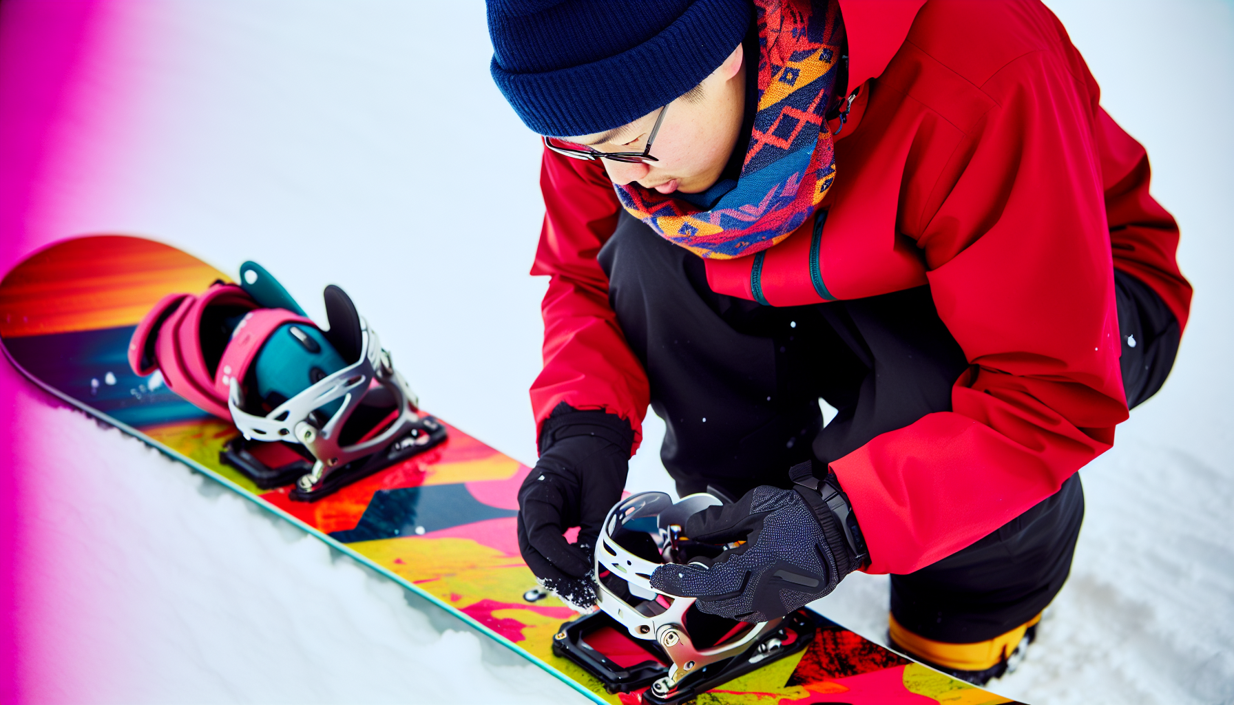 Snowboarder adjusting binding angles