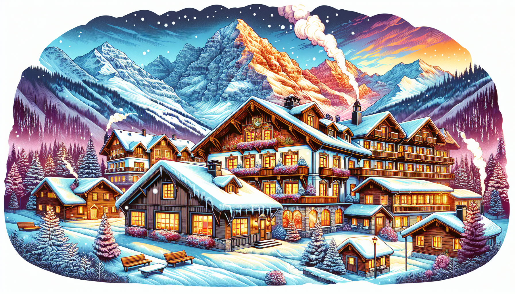An inviting illustration of the various lodging options available at Snowbird Ski Resort.